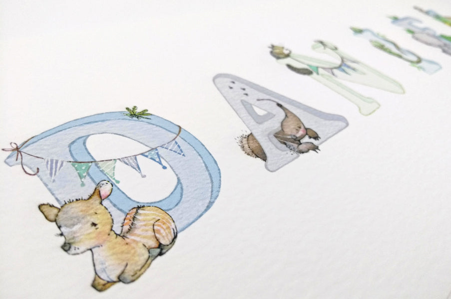 Boy&#39;s Personalised Framed Blue Jungle Animal Name Picture