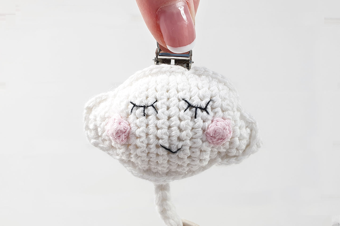 Crochet sleepy cloud baby dummy pacifier clip