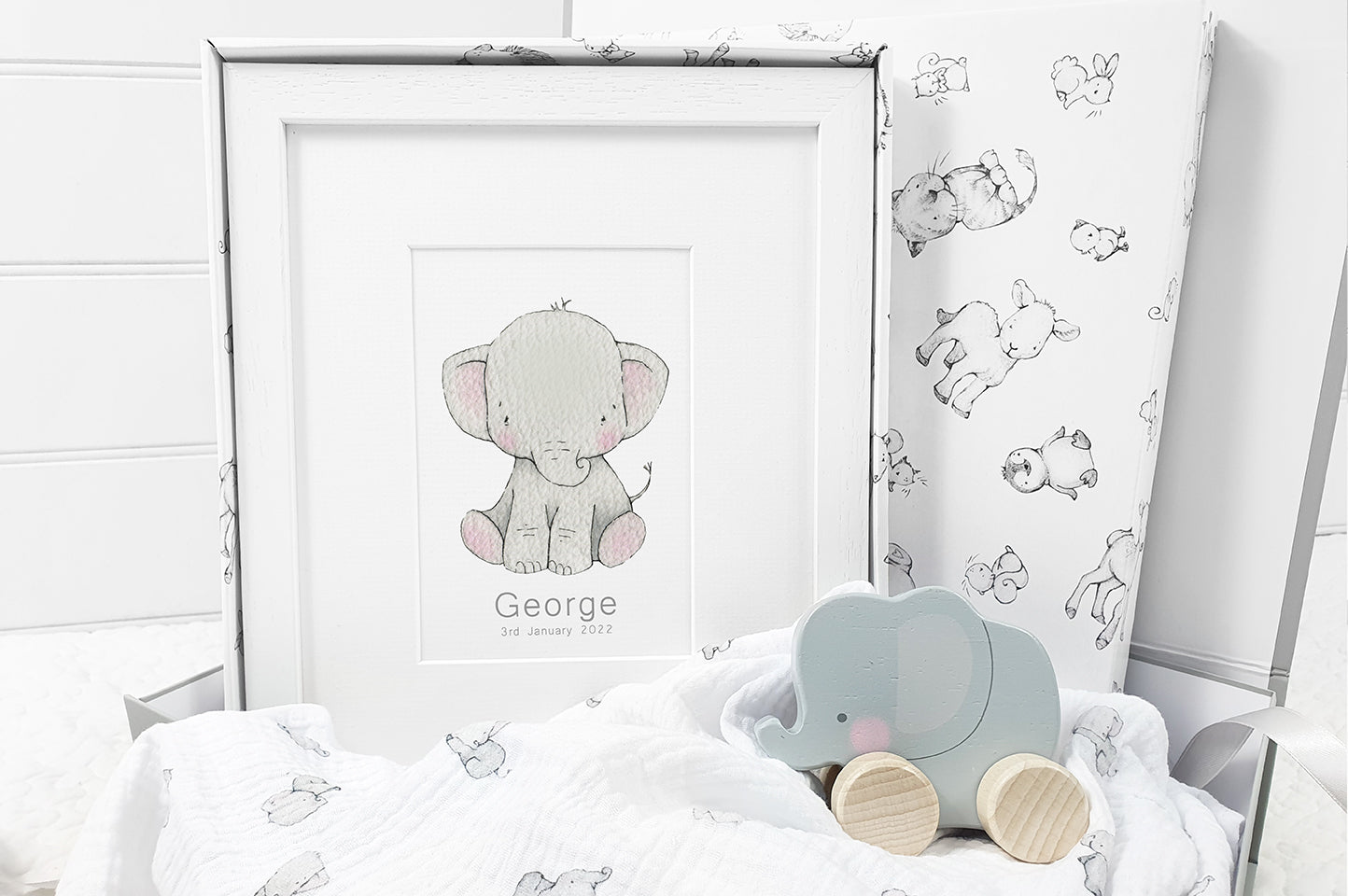 Personalised Baby Elephant Print and Toy Gift Box