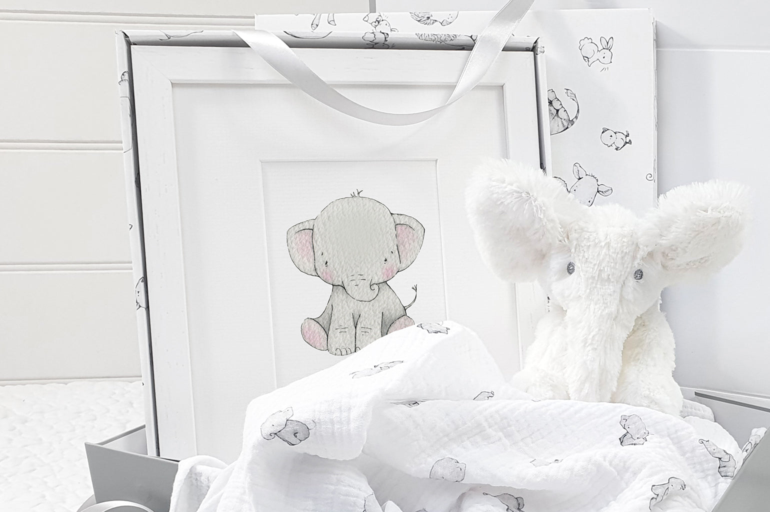 Baby Elephant Print, muslin and Toy Gift Box