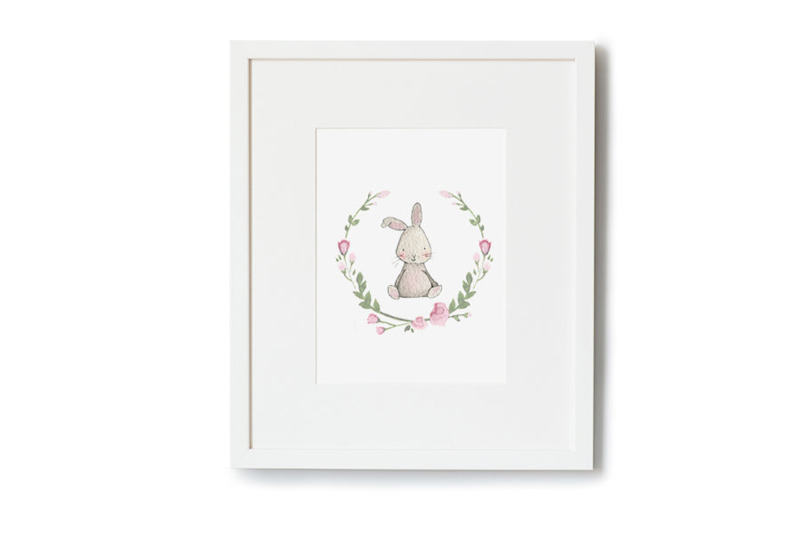 Girl&#39;s Floral Rabbit Nursery Wall Art Print