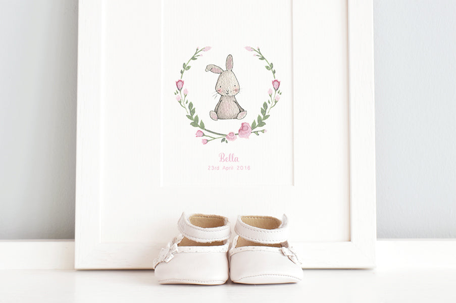 Girl's Floral Rabbit Nursery Wall Art Print