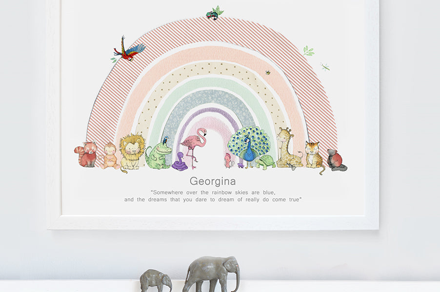 Children&#39;s full bright jungle animal rainbow wall art picture