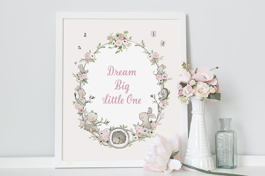 GIRL'S FLORAL FLOWER WREATH WALL ART PRINT