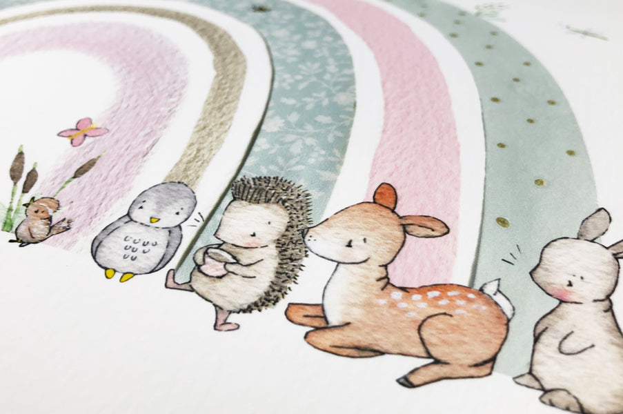 Girl&#39;s Personalised Pink and Mint floral Woodland Rainbow Picture