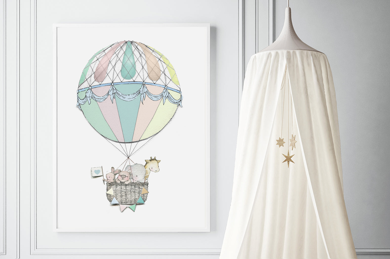 Big Hot Air Balloon Journey Print for Kid's Bedroom