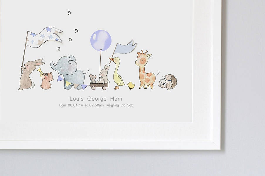 Boy's Blue Personalised Animals On Parade Print