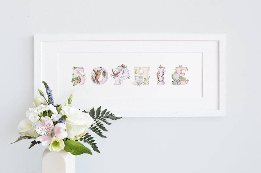 Personalised Framed Pink Jungle Girl's Name Art