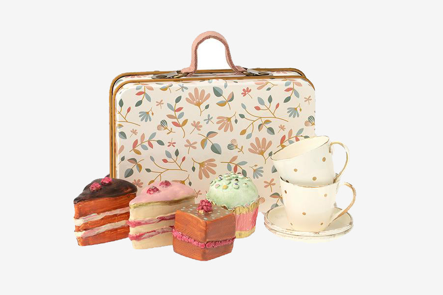 Maileg tea cake set in floral suitcase tin toy