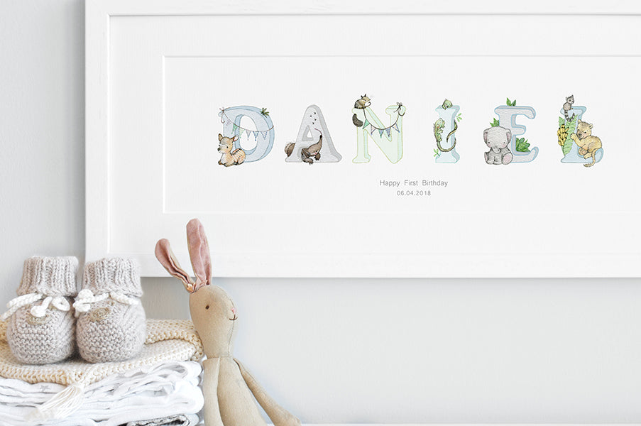 Boy&#39;s Personalised Framed Blue Jungle Animal Name Picture