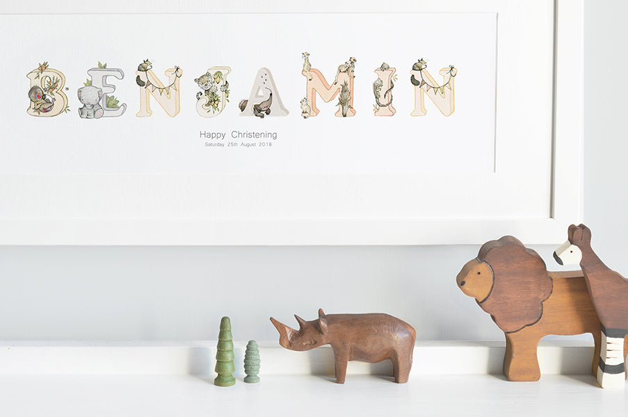 Personalised Framed Neutral Safari Jungle Kid&#39;s Name Print