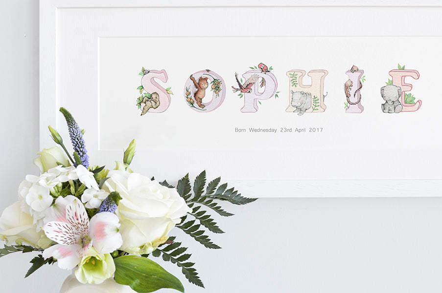 Personalised Framed Pink Jungle Girl&#39;s Name Art