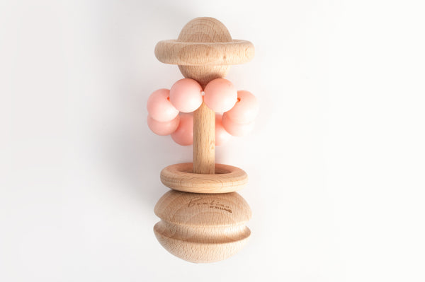 Traditional Wooden Baby teether rattle - pink - daisyandbump