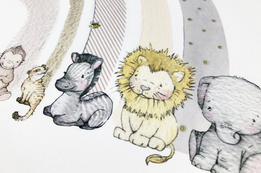 Children&#39;s neutral safari animal rainbow nursery picture