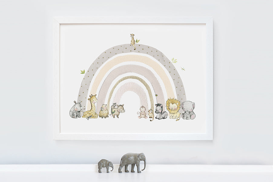 Children's neutral safari animal rainbow nursery picture