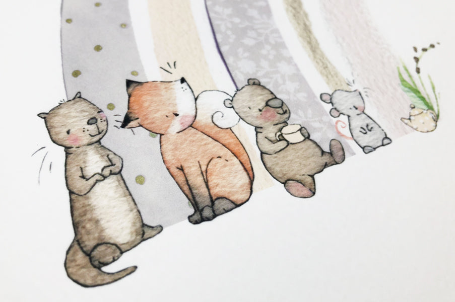 Children&#39;s gender neutral woodland rainbow wall art picture